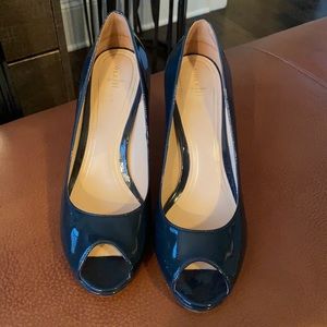 Coke Haan Nike Air, dark navy patent, open toe platform heels.